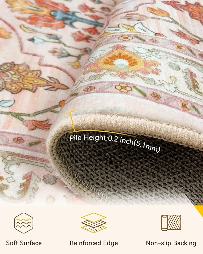 Area Rugs 6ft Washable Non-Slip, Floral Vintage Distress Print Pattern Medallion Carpet for Living Room Bedroom Dining Room, Light Pink Colorful