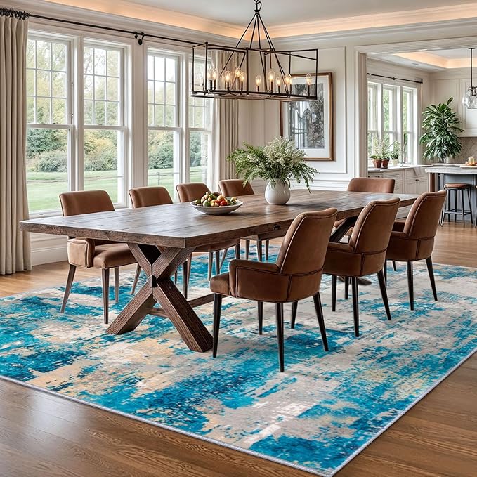 KOZYFLY Modern Abstract Area Rugs 8x10 Turquoise/Beige/Grey/Yellow Machine Washable Thin Rug for Bedroom Non-Slip Living Room Rug, Faux Wool Soft Low Pile Carpet for Dining Room, Bedroom, Bathroom