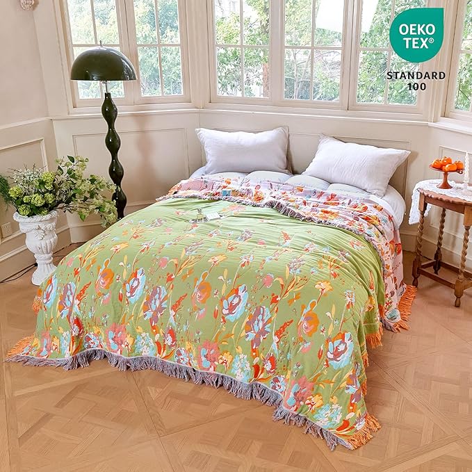 MSGKV Boho Throw Blanket 90"x90" Floral 100% Cotton Blanket with Flower and Butterfly for Bed Spring Breathable Lightweight Farmhouse Queen Blankets Home Decor Muslin