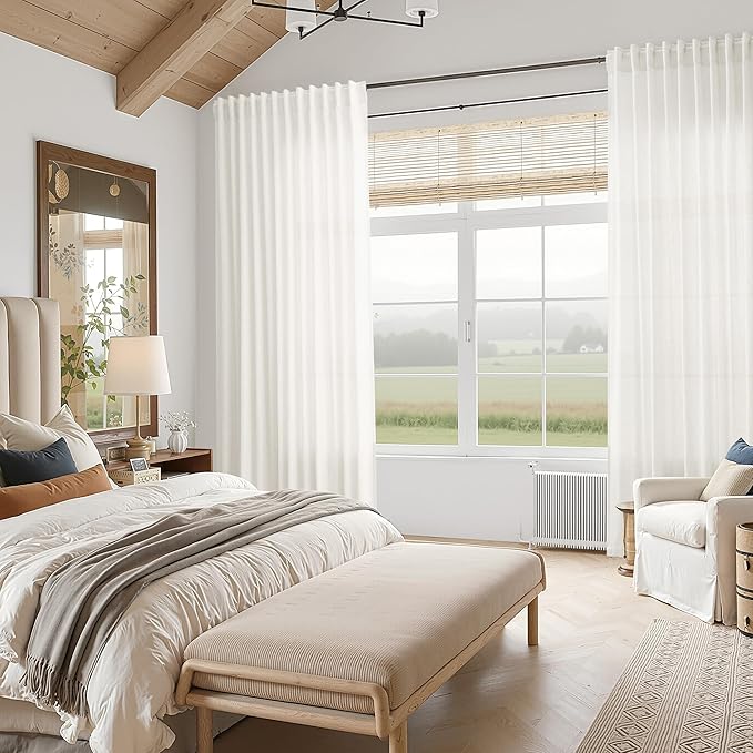 Nanspring Neutral Linen Curtains 108 Inches Long for Living Room Linen Sheer Curtain Back Tab Coastal Modern Farmhouse Floor to Ceiling Drapes for Bedroom Office High Window 52x108, 2 Panels