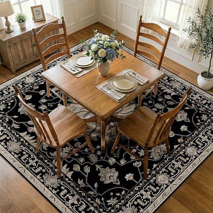 Area Rugs Square 7ft Washable Non-Slip, Floral Vintage Distress Print Pattern Medallion Carpet for Living Room Bedroom Dining Room, Black Brown Neutral Dark Tan
