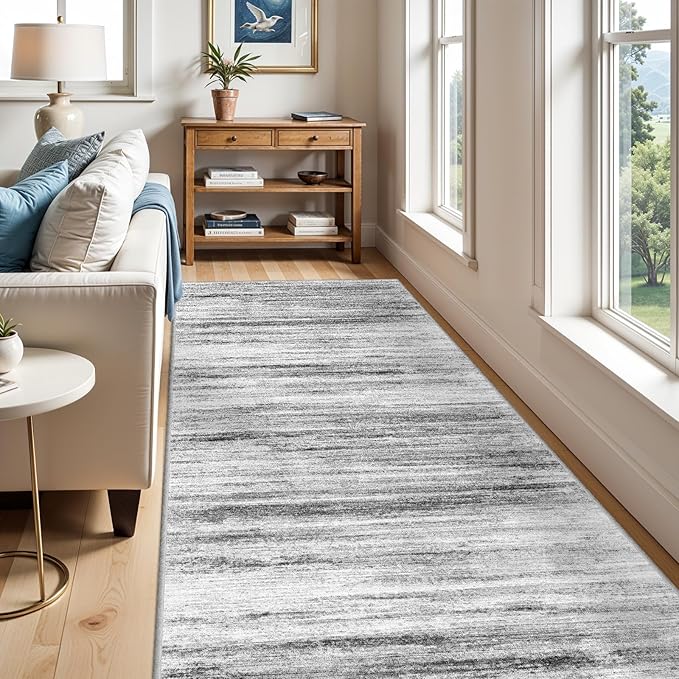 4x12 Runner Rug for Wide Hallway: Long Washable Runners for Entryway Living Room Dining Room - Stain and Water Resistant Rugs with Non-Slip Backing - Soft Low-Pile Carpet Grey