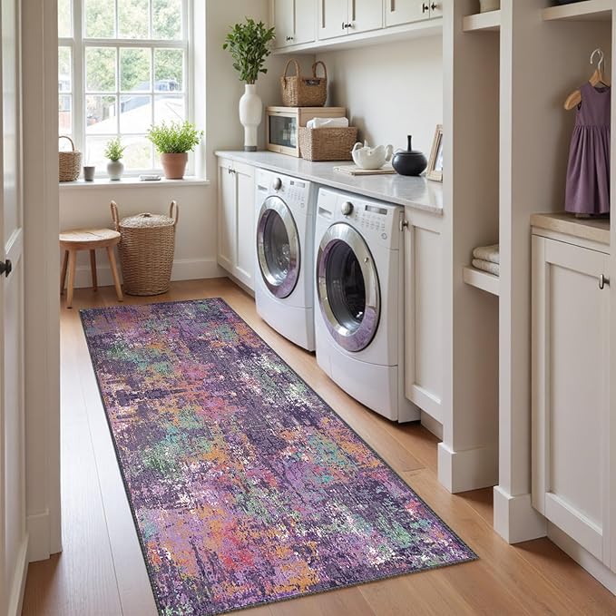 Washable Area Rugs 2'x8' Non-Slip Modern Abstract Soft for Living Room Entryway Bedroom Nursery, Print Pattern, Purple Orange Blue Green Rust Red Colorful
