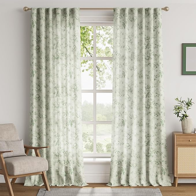 jinchan Linen Floral Curtains for Living Room 96 Inch Long Sage Green Printed Flower French Country Curtain Farmhouse Cottage Core Toile Curtains Back Tab Light Filtering Window Drapes Set 2 Panels