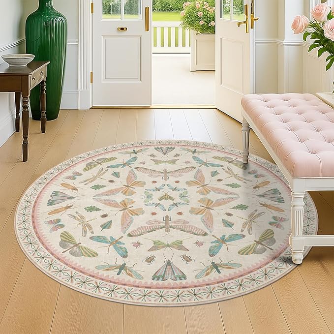 Insect Pink and Blue 5ft Round Area Rug for Living Room - Washable Floral Fun Boho Rugs for Playroom, Girls Bedroom Décor with Butterfly Pattern - Low Pile Soft Circle Carpet