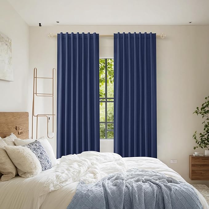 Guken 100% Blackout Curtains 102 Inch Length 2 Panels Set for Living Room Bedroom Back Tab Thermal Insulated Black Out Linen Drapes Room Darkening Window Curtains 102 Inches Long,Classic Blue