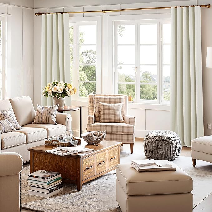 RYB HOME Cream White Linen Blackout Curtains, 100% Blackout Thermal Insulated Boho Farmhouse Window Curtain Panels for Living Room, Back Tab & Rod Pocket, 52" W x 84" L, 2 Panels Set