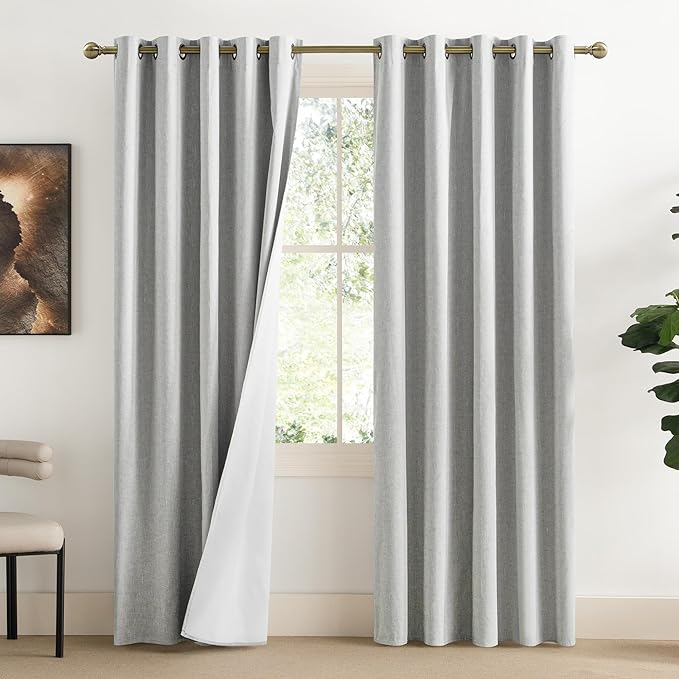 NICETOWN Grey Living Room Completely Shaded Linen Draperies, 2 Pieces, W62 x L72, Privacy Protection & Noise Reducing Ring Top Drapes, White Lined Insulated Window Treatment Curtain Panels