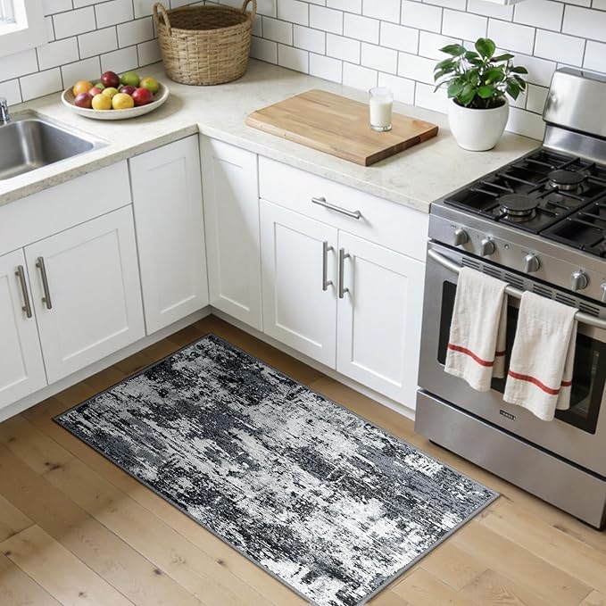 Washable Area Rugs 2'x4' Non-Slip Modern Abstract Soft for Living Room Entryway Bedroom Nursery, Print Pattern, Black Navy Blue Gray