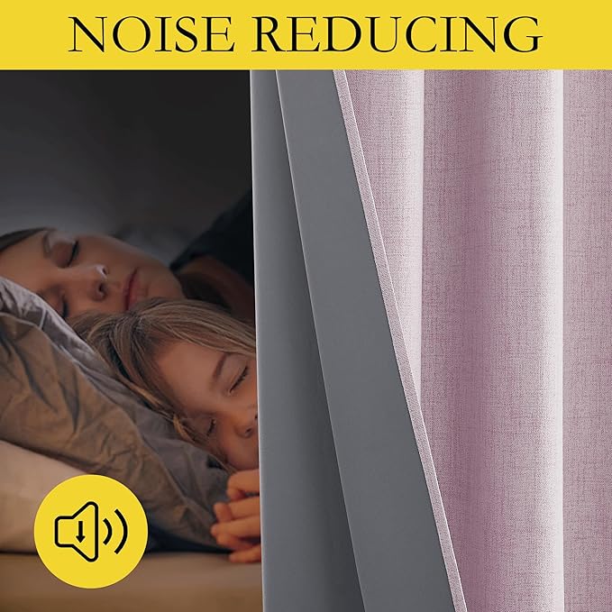 NICETOWN Pink Vintage Linen 100% Blackout Curtains for Living Room, Thermal Insulated Curtains 90" Long, Noise Reducing Window Treatment Drapes for Home Cinema, 52" Wide Per Panel, Set of 2
