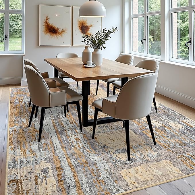 Toneed Abstract Area Rug Modern Washable Rug Soft Non Slip Rug Low Pile for Bedroom Living Room Dining Room Camel 6x9 Feet