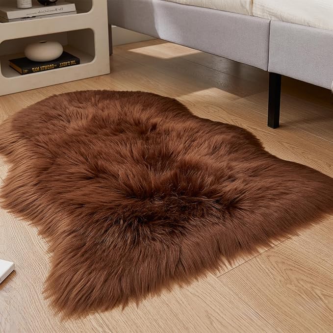 EasyJoy Ultra Soft Fluffy Shaggy Area Rug Faux Fur Rug Chair Cover Seat Pad Fuzzy Area Rug for Bedroom Floor Sofa Living Room (2 x 3 ft Sheepskin, Coffee)