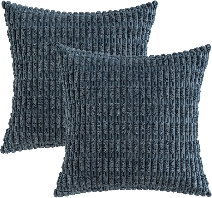 MIULEE Pack of 2 Corduroy Decorative Throw Pillow Covers 20x20 Inch Soft Boho Striped Pillow Covers Modern Farmhouse Home Decor for Summer Coastal Sofa Living Room Couch Bed Blue