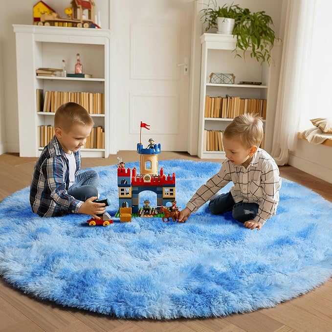 ONASAR Round Rugs 5ft for Bedroom Living Room, Tie-Dye Blue Fluffy Circle Area Rug for Kids Girls Boys Teen, Soft Plush Shaggy Carpet for Nursery Dorm Classroom Playroom Home Decor Aesthetic
