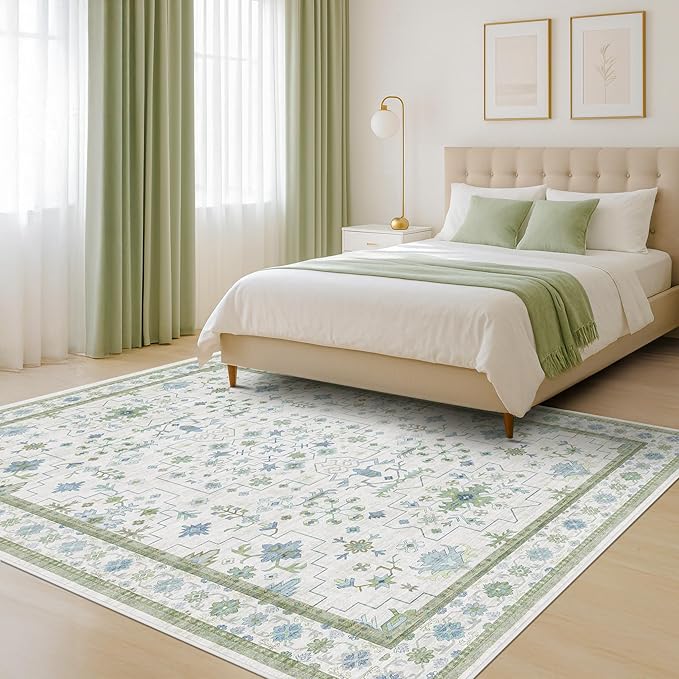 Blue and Green 4x6 Rugs for Small Living Room - Oushak Boho Pastel, Low Pile Non Slip Stain Resistant Throw Rug for Under Bed, Large Entryway, Kitchen, Floor Carpet Aesthetic Boys
