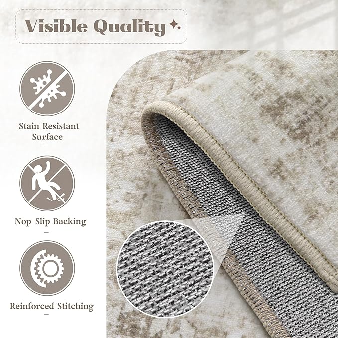 Area Rug 3x5 Washable Rug, Vintage Boho Medallion Entryway Rug Non-Slip Soft Low Pile Small Distressed Floor Carpet Retro Doormat for Kitchen Bedroom Laundry Bathroom Hallway (Taupe, 3'x5')