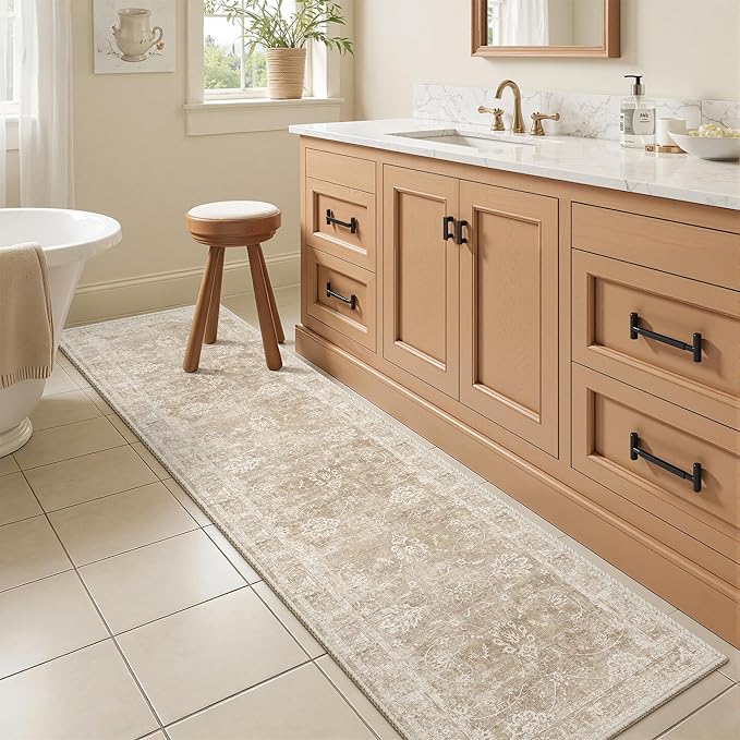 Madane Washable Runner Rug 2x6, Kitchen Hallway Runner Rug with Non-Slip Rubber Backing, Vintage Soft Low Pile Carpet Runner for Entryway Laundry Bathroom Bedroom Living Room (2 x 6, Beige/Brown)