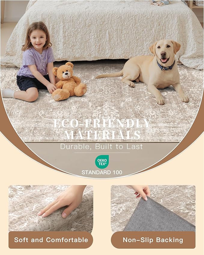 Madane Washable 6x9 Area Rugs for Living Room, Vintage Natural Rug with Non-Slip Backing, Soft Stain Resistant Throw Rugs Thin Carpet for Bedroom Dining Room Farmhouse (6 x 9, Brown/Sand)