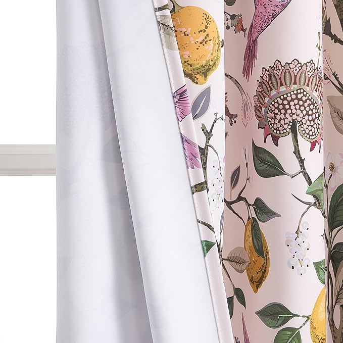 Topfinel Pink Window Curtains 96 Inch Long Cute Heat Block Vintage Farmhouse Elegant Whimsical Floral Hummingbird Dusty Rose Drapes Sound Dampening Curtains for Girls Kids Room Living Room 2 Panels