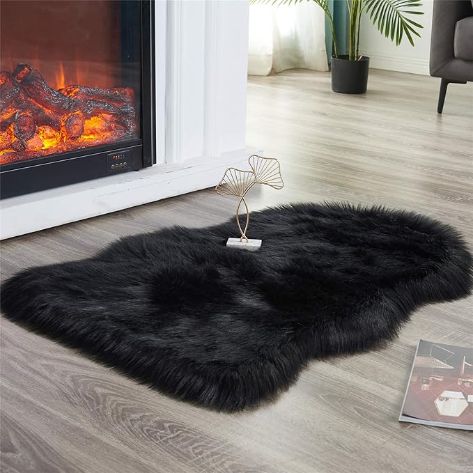 EasyJoy Ultra Soft Fluffy Shaggy Area Rug Faux Fur Rug Chair Cover Seat Pad Fuzzy Area Rug for Bedroom Floor Sofa Living Room (2 x 3 ft Sheepskin, Black)