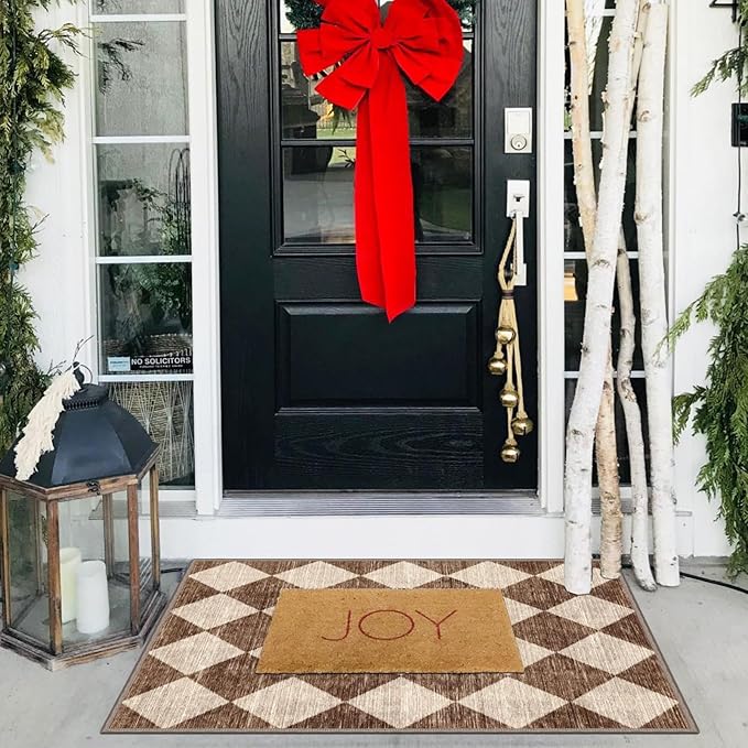 Front Door Rug - 2x3 Brown Beige Non-Slip Washable Doormat Indoor Outdoor Mat Outside Entrance Entry Rug Checkered Diamond Small Area Rugs for Entryway Bedroom Kitchen Front Porch Decor