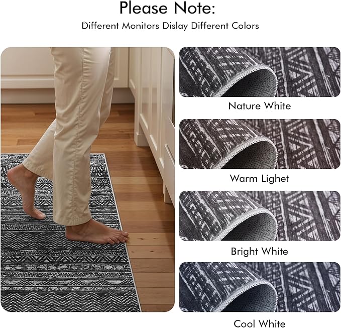 4x12 Washable Hallway Runner Rug：Moroccan Non-Slip Wide Runners for Entryway Kitchen Soft Modern Geometric Low-Pile Rugs for Living Room Thin Waterproof Carpet for Bedroom Bathroom Laundry(Black,4x12)