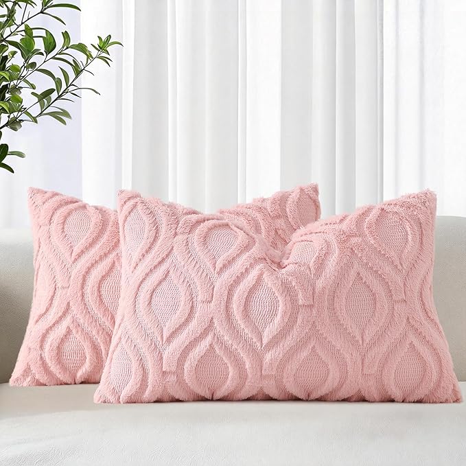 decorUhome Throw Pillow Covers 12x20 Inch Set of 2, Soft Plush Faux Wool Pink Solid Couch Pillow Covers, Accent Farmhouse Neutral Rectangle Pillow Cases for Sofa Bed Living Room