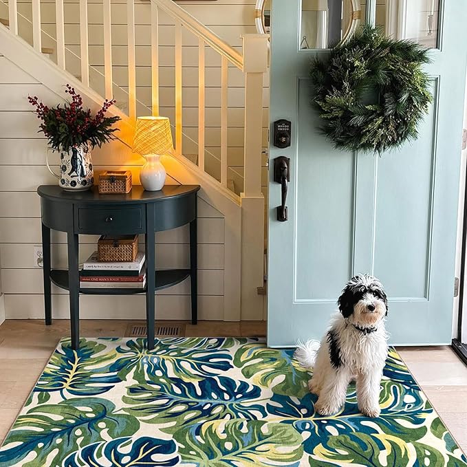 3x5 Botanical Entry Rug - Small Washable Indoor Outdoor Mats for Front Door Non-Slip Porch Rug Spring Tropical Green Leaf Throw Rugs for Living Room Bedroom Entryway Kitchen Office Porch Decor