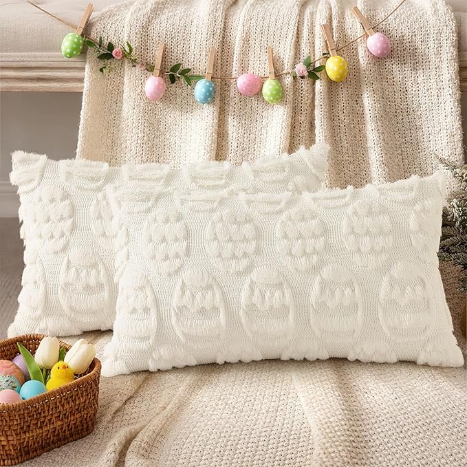 decorUhome Easter Cream White Egg Pillow Covers 12x20 Inch Set of 2, Soft Plush Faux Wool Jacquard Cushion Covers, Farmhouse Neutral Fuzzy Spring Easter Holiday Decor for Couch Sofa Bed
