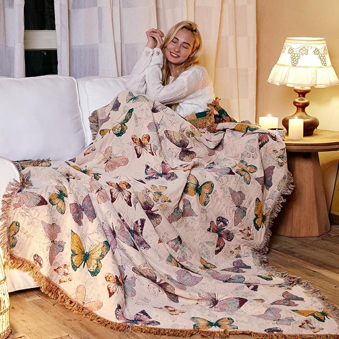 MSGKV Boho Throw Blanket for Couch Cotton Butterfly Blanket 50"x60" Sofa Chair Blankets All Seasons Muslin Spring Breathable Lightweight Farmhouse Blankets Home Decor