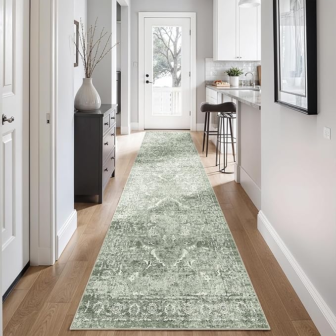 2'6"x12' Washable Hallway Runner Rug - Non Slip Kitchen Runner Rugs with Rubber Backing Vintage Low-Pile Carpet Runners for Entryway Dining Room Laundry Room Home Decor (Muted Sage Green)