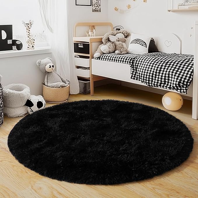 4'x4' Black Round Rug for Bedroom, Ultra Soft Fluffy Circle Rug for Kids Girls Boys Room, Cute Shag Rugs for Living Room Playroom Teen Room Home Decor Rug