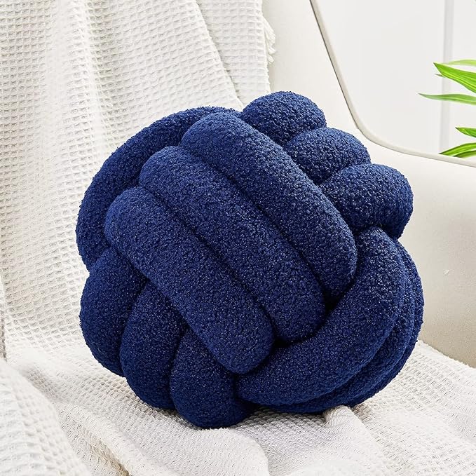 Uvvyui Knot Pillow Ball, Soft Home Decorative Pillows, Round Throw Pillow, Handmade Knotted Plush Pillow, Round Boucle Pillow Cushion (14 Inches Navy)