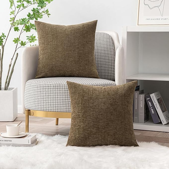 MIULEE Pack of 2 Coffee Throw Pillow Covers 16x16 Inch Soft Chenille Pillow Covers for Sofa Living Room Couch Solid Dyed Cases