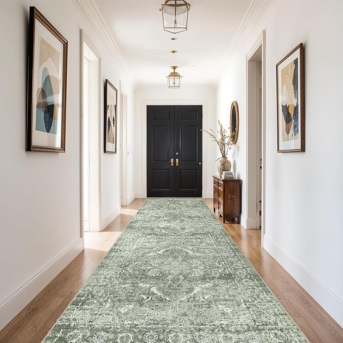 4x10 Washable Hallway Runner Rug - Wide Kitchen Runners Vintage Low Pile Carpet Soft Thin Floor Runner with Rubber Backing for Entryway Bedroom Living Room Home Decor (Muted Sage Green)