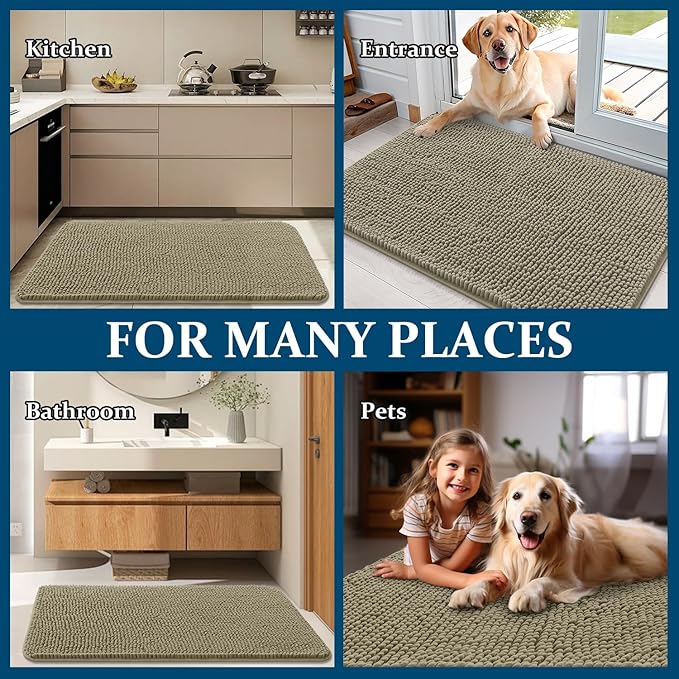 OLANLY Dog Door Mat for Muddy Paws 45x27, Absorbs Moisture and Dirt, Absorbent Non-Slip Washable Doormat, Quick Dry Chenille Mud Mat, Entry Indoor Entryway Carpet for Inside Floor, Warm Taupe