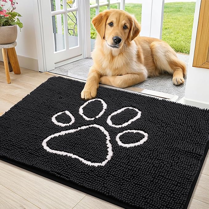 Smiry Dog Door Mat for Muddy Paws, Absorbent Dirt Trapper Non Slip Quick Dry Washable Chenille Mat for Mud Dogs, Entry Rug for Indoor and Outdoor (40x24 Inches, Black and White)