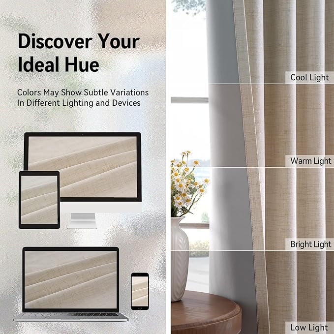 100% Blackout Shield Linen Blackout Curtains for Bedroom, Oatmeal Grommet Curtains for Living Room, Thermal Insulated Room Darkening Drapes for Nursery, Boho Home Decor, 50" W x 90" L, 2 Panels