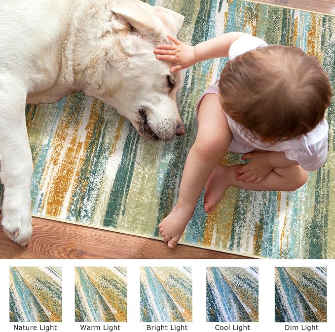Lansny Modern Abstract Runner Rug 2.6x12, Green Mustard Multi Washable Long Kitchen Runner Non-Slip Soft Hallway Rug Runner Thin Print Faux Wool Carpet for Entryway Bedroom Laundry Room Indoor