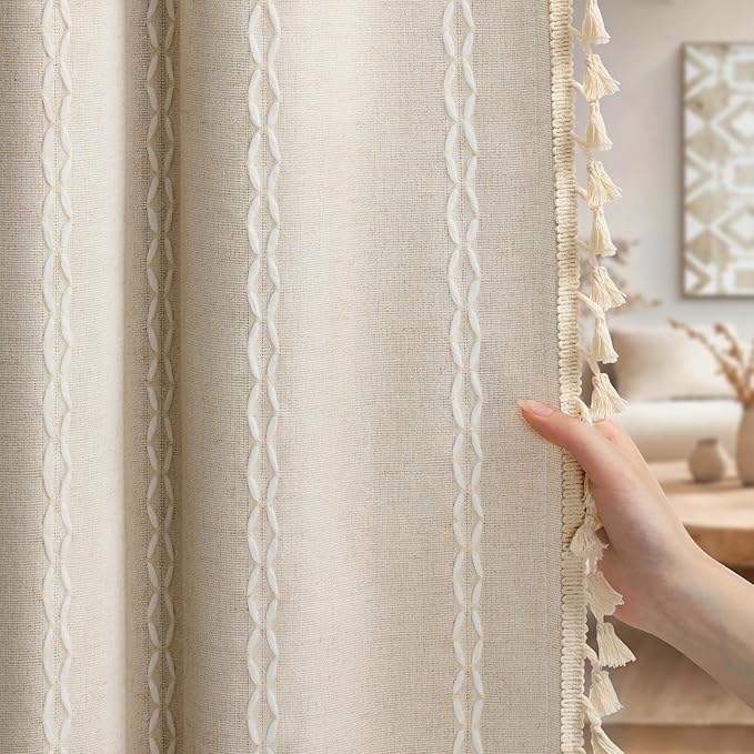 Boho Blackout Curtains 72 Inches Long Beige Linen Blend 2 Panels with Tassels and Cotton Embroidery, Farmhouse Vintage Rustic Rod Pocket Drapes for Living Room or Bedroom