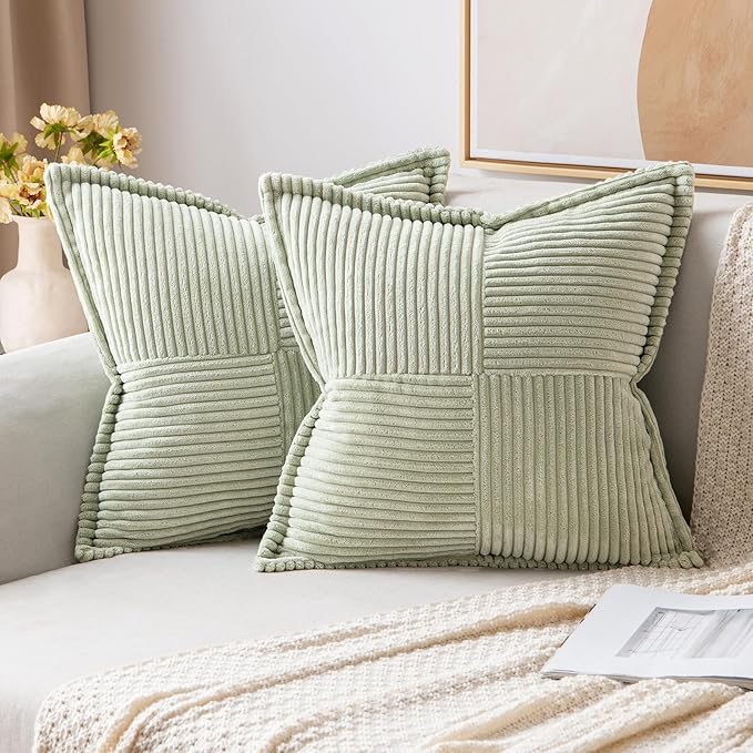 MIULEE Spring Decorative Throw Pillow Covers for Couch Bed Livingroom 18x18 Inch Set of 2 Light Green Boho Accent Throw Pllows Broadside Striped Patchwork Soft Corduroy Summer Pillowcases