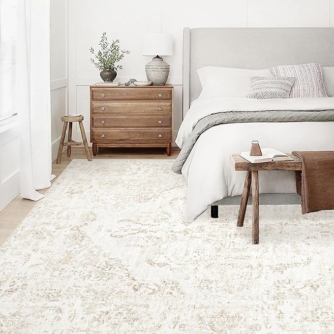 10x14 Area Rugs for Living Room: Washable Rug Vintage Large Rugs Soft Non Slip Low Pile Rug Floral Distressed Floor Carpet for Bedroom Nursery Dining Room Home Office (Beige,10'x14')