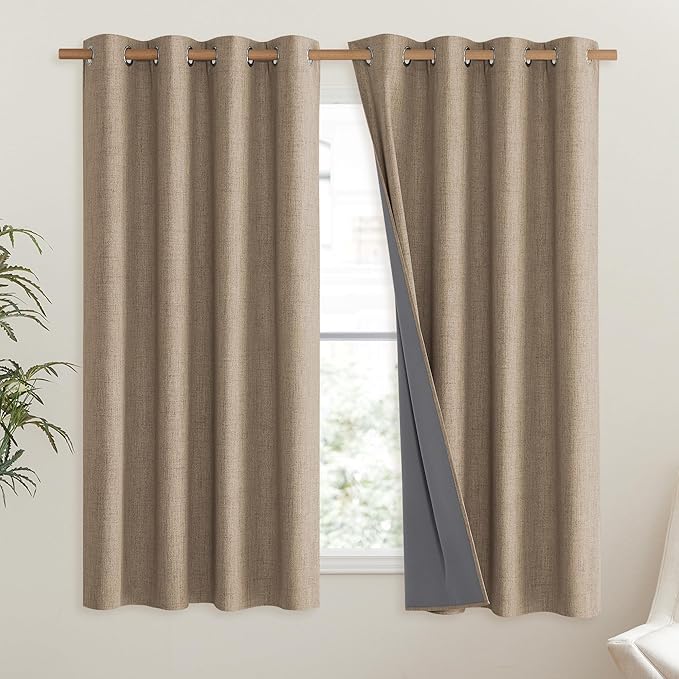 NICETOWN Burlap Vintage Open Linen Weave Flax Thermal Curtains, 100% Blackout Curtains 48" Long for Dining Room, Soundproof Window Treatment Drapes for Hall Room, 52" Wide Per Panel, Set of 2