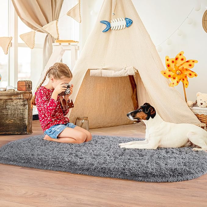 Pionblank Fluffy Oval Area Rug for Bedroom 3.3x6.2 Feet, Cute Plush Throw Rugs for Bedside, Ultra Soft Shag Carpet for Living Room Kids Room Nursery Teens Dorm Home Decor, Grey