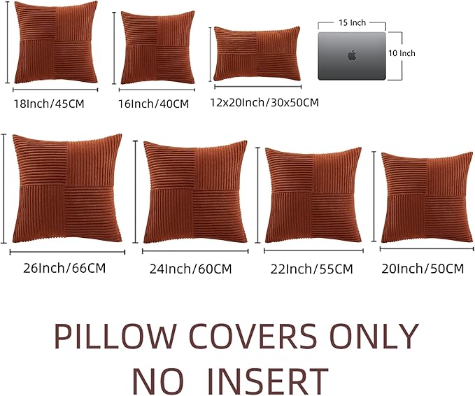 Fancy Homi 2 Packs Rust Big Decorative Throw Pillow Covers 24x24 Inch for Living Room Couch Bed, Rustic Farmhouse Boho Home Decor, Soft Corss Corduroy Patchwork Square Terracotta Cushion Case 60x60 cm