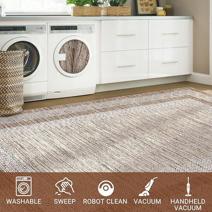 GarveeHome Modern 3x5 Neutral Area Rug Washable Non-Slip Low-Pile Indoor Rugs for Entryway Solid Blue Modern Minimalism Carpet for Bedroom Living Room Kitchen Bathroom Door Mat Brown