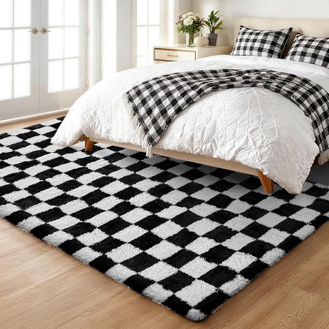 Ophanie Checkered Black & White Rug for Living Room Bedroom, Fluffy Soft Cute Fuzzy Area Rugs, Shag Plush Shaggy Bedside Floor 6x9 Furry Carpet for Kids Baby Teen Dorm Nursery Home Decor Aesthetic