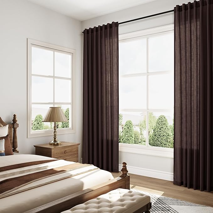 Linen Curtains Semi Sheer Coffee Brown 96 Inches Long 2 Panels Set for Living Room Back Tab Rod Pocket Light Filtering Drape for Bedroom Dinning Room Vintage Rustic Protect Privacy 52x96