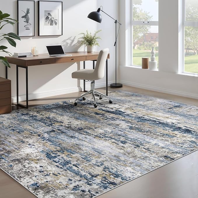 pmtsns Area Rugs 5x7 for Living Room: Washable Rug Modern Abstract Neutral Soft Non-Slip Low-Pile Indoor Carpet for Bedroom Dining Room Playroom Home Office (Blue Grey Brown, 5'x7')