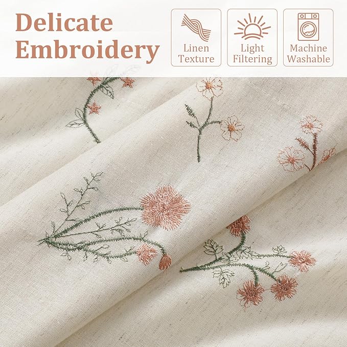 Kitchen Valances for Windows, Floral Embroidered Spring Linen Blend Farmhouse Cottage Vintage Light Filtering Valance Rod Pocket Window Treatment, 52 x 18 Inch, 1 Panel